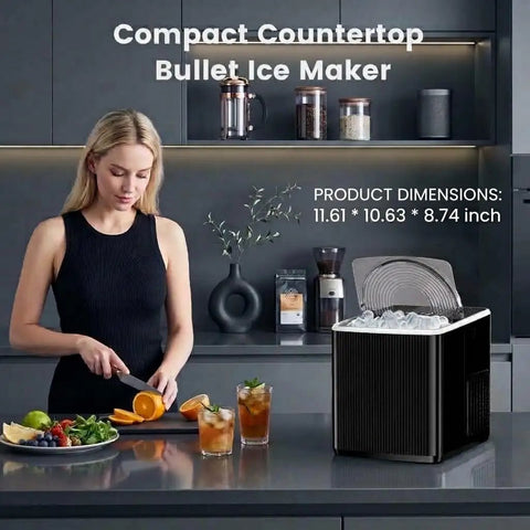 Portable Countertop Ice Maker Slashes Seven Minute Wait Times While Cranking Out 26 Pounds Daily For Quick Weekend Cocktails, shown with fruits.
