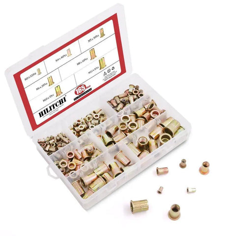 165 Piece Mixed Zinc Plated Carbon Steel Rivet Nut Kit with Threaded Rivnuts M3 Through M12 Pro Grade Durable Nutsert