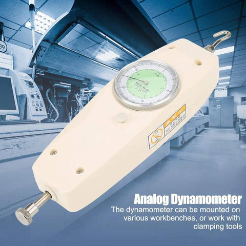 200N Push Pull Force Gauge Dynamometer Kit Analog Dial Meter Handy for Mechanical Force Testing NK 200 Style Push Pull Tester Durable ABS Shell Easy Read Tension and Compression Meter mounted on workbench
