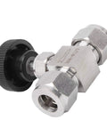 High-pressure needle valve in 304 stainless steel with knurled black adjustment knob and 1/2 in fittings.
