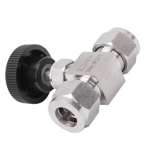 High-pressure needle valve in 304 stainless steel with knurled black adjustment knob and 1/2 in fittings.