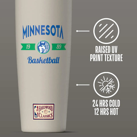 Heavy Duty 32 Oz Insulated Stainless Steel Water Bottle Features Minnesota Timberwolves Logo with raised print texture.