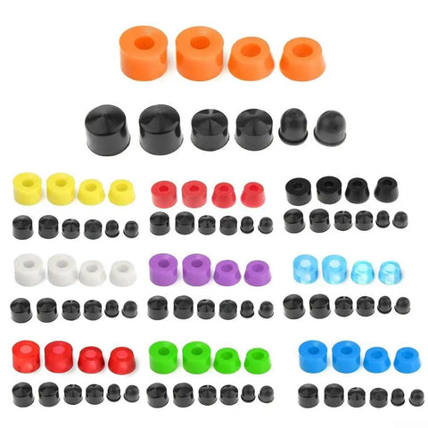 Colorful skateboard truck rebuild kit with PU bushings, swivel washers, and shock absorbers on white background for smoother ride.