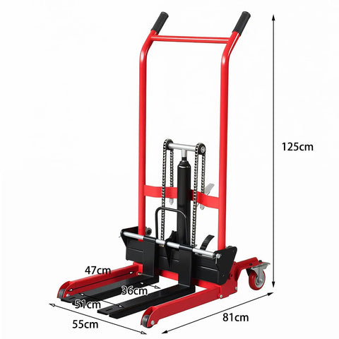 No Sweat Manual Hydraulic Pallet Jack Foldable Fork Truck with 125cm height and steel frame for easy pallet gliding.