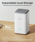 Home Hub For Up To 8 Battery And WiFi Security Cameras With Encryption Privacy 2.4 And 5GHz WiFi No Monthly Fee Hassle-Free Setup 64GB SD Card Installed on a wooden table.