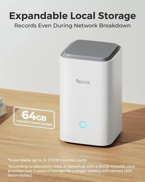 Home Hub For Up To 8 Battery And WiFi Security Cameras With Encryption Privacy 2.4 And 5GHz WiFi No Monthly Fee Hassle-Free Setup 64GB SD Card Installed on a wooden table.