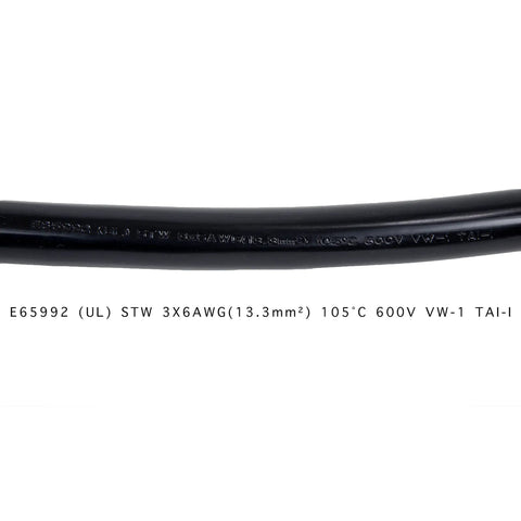 Close-up of the black 9 Foot NEMA 6 50P Power Cord, showing text reading E65992 UL STW 3X6AWG 105°C 600V on surface.