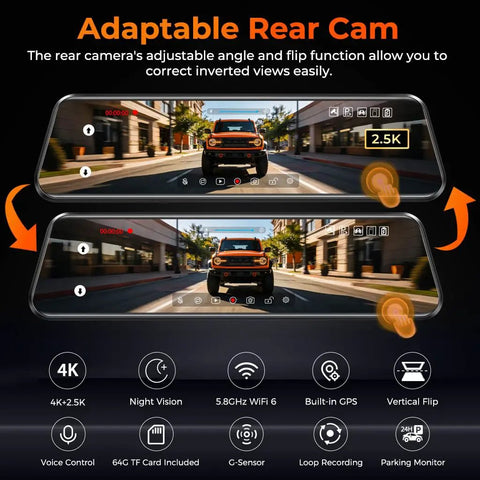 Adaptable rear cam with 2.5K view on 12 Inch Mirror Dash Cam With Crystal Clear 4K UHD Front And 2.5K Rear, Game Changing ADAS Warnings, GPS.
