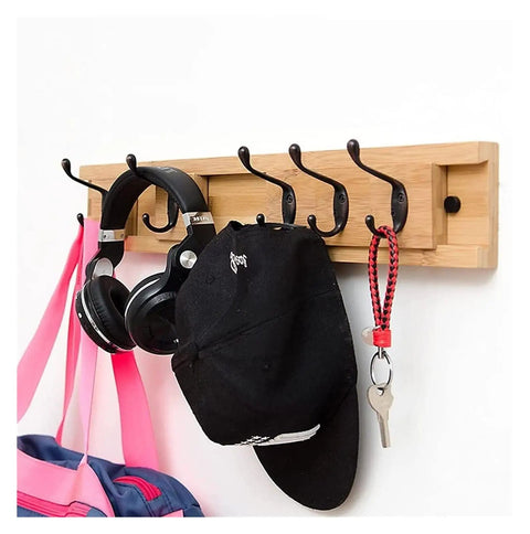 Heavy Duty Wall Mounted Coat Rack With Five Smooth Glide Metal Hooks For Mudroom Bedroom Setup, holding hats and headphones.