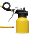 Side view of HUAXIU 8oz metal oil can oiler with 9in flexible hose and 3in straight spout; yellow can, black pump