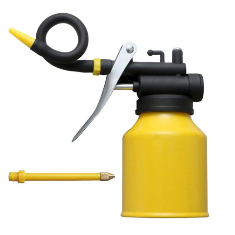 Side view of HUAXIU 8oz metal oil can oiler with 9in flexible hose and 3in straight spout; yellow can, black pump