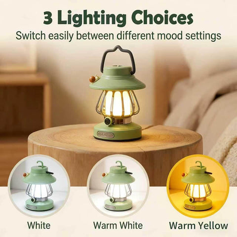 Kid Friendly Motion Sensor Headlamp And Rechargeable Camping Lantern Set with three light modes displayed on a wooden table