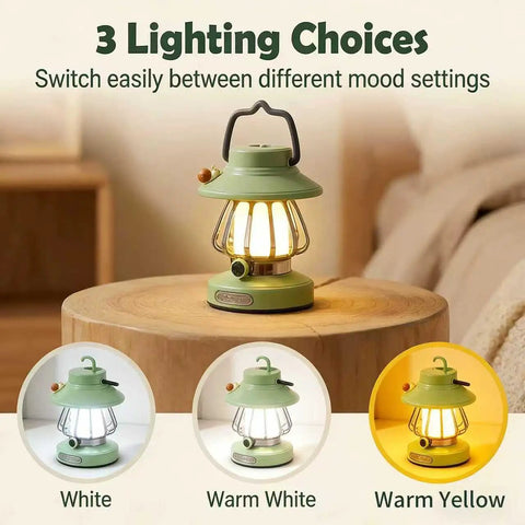 Kids Adventure Light Set With USB C Rechargeable Lantern showing three lighting choices: white, warm white, warm yellow.