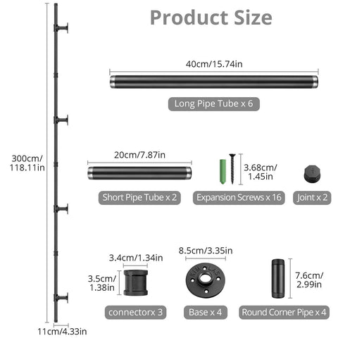 Detailed product size image of Straight Up Reliable Black Industrial Pipe Handrail Heavy Duty Steel Staircase Banister components.