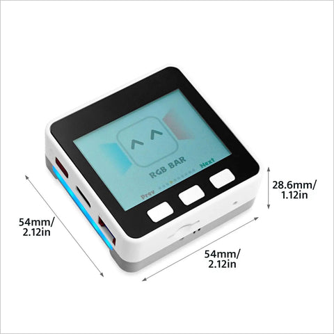 IoT Starter Kit With Core Controller And Six Expansion Modules V2.7 M5GO Edition showing screen and dimensions.