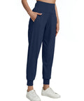 Fleece Lined Womens Joggers With Zip Pockets High Waist Athletic Pants for Travel Lounge and Workout Lightweight Warm Navy Blue Plus Size 3XL