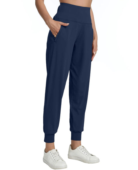 Fleece Lined Womens Joggers With Zip Pockets High Waist Athletic Pants for Travel Lounge and Workout Lightweight Warm Navy Blue Plus Size 3XL