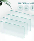 Tempered glass panels displayed on a white background with icons indicating durability and strength.