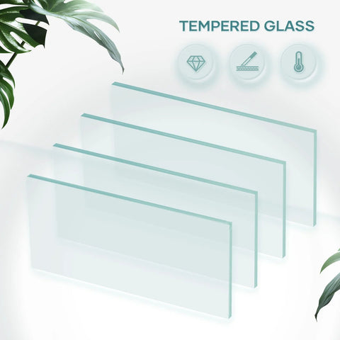Four panels of tempered glass, each with a transparent appearance, set against a white background with icons depicting qualities.