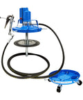 Blue Macnaught air-operated grease pump with booster gun and hose, mounted on a stand beside a drum trolley on wheels.