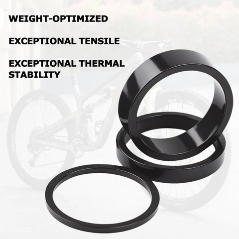 9 Piece Bicycle Headset Spacers Set for 1 And 1 Eighth Inch Steerer, Aluminum Alloy, Three Sizes stacked before bike