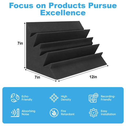 High Density Acoustic Foam Corner Bass Traps For Music Studios Podcast Recording Home Cinema Audio Treatment Absorption Panels, 7x7x12 inches.