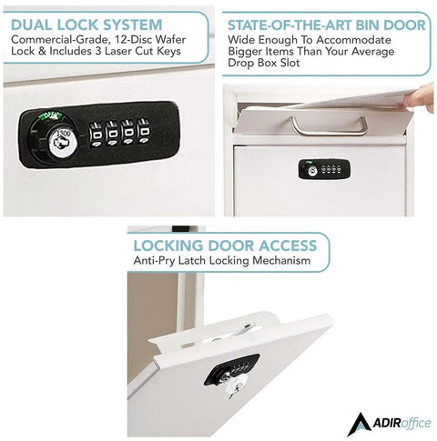 Close-up of lock and bin door features on Secure Wall Mounted Mailbox Drop Box With Key Or Combo Lock Heavy Duty 16 Gauge Steel