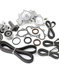 Fresh Timing Belt Kit With Water Pump For Toyota 3 Point 4 V6 Tacoma 4Runner Fits 5VZ FE Engines Includes Hydraulic Tensioner Seals Gaskets And Belts To Keep Your Truck Running Strong While Saving You Cash On Repairs Later. timing belt kit parts laid out on white background, with water pump, tensioner, seals, gaskets, and belts