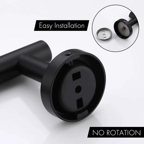 Close-up of a black mounting base showing the easy installation feature of the Matte Black Towel Bar Wall Mount For Bathroom And Kitchen No Fuss Easy Install 23.6 Inch Stainless Steel Rustproof SUS304 Hand Towel Holder Dish Cloths Rack Screw Mount Heavy Duty Holds Up To 11 Lb.