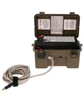 Rugged 12 Volt Battery Box For Trail Cameras with charger cord in open position, designed for freezing conditions.