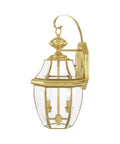 Monterey Two Light Outdoor Wall Lantern in Polished Brass Finish, Handcrafted Solid Brass Construction With Clear Beveled Glass