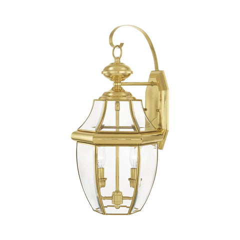 Monterey Two Light Outdoor Wall Lantern in Polished Brass Finish, Handcrafted Solid Brass Construction With Clear Beveled Glass