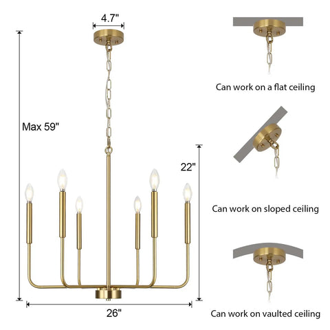 Farmhouse Style Gold Candle Chandelier With Brushed Brass Finish 6 Light Mid Century Branches Ceiling Fixture dimensions