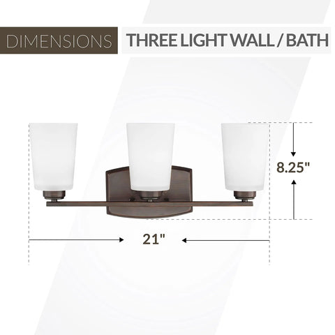Dimensions of Three Light Wall Bath Fixture In Burnt Sienna Bronze Finish, Franport Collection, showing width and height.