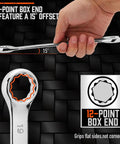 12-Point Box End of Rock Solid 12 Piece Metric Wrench Set With Compact Storage Holder Crafted From Tough Chrome Vanadium Steel.