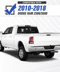 White Dodge Ram 2500/3500 pickup truck rear view with bumper and bed; compatibility banner above