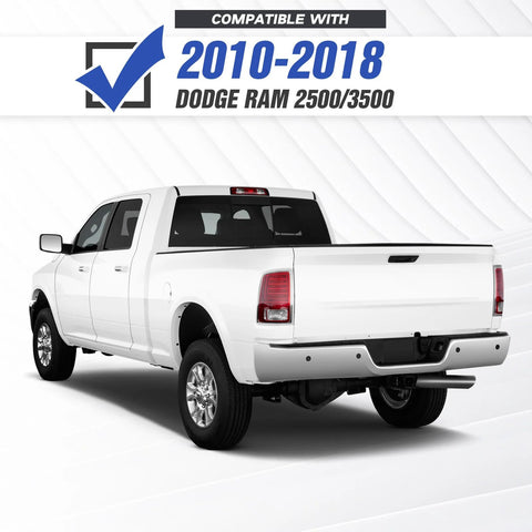 White Dodge Ram 2500/3500 pickup truck rear view with bumper and bed; compatibility banner above