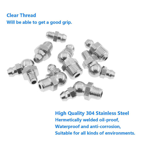 Beefed-Up 90 Degree Angled Grease Nipple Kit In 304 Stainless Steel Zerk Fittings Metric Threads 10-Pack displayed on white background
