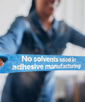 Person holding PROSharp Painter's Tape 1 in x 60 yd, 1 Roll Blue, Edge-Lock+ technology, text reads 'No solvents used in adhesive manufacturing'