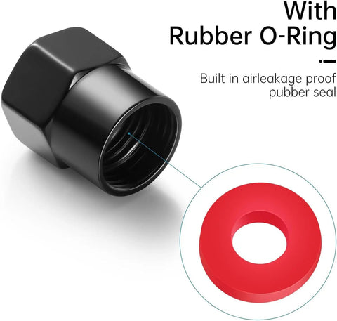 Black anodized 4 Pack Aluminum Tire Valve Stem Caps for cars with rubber O-ring seal.
