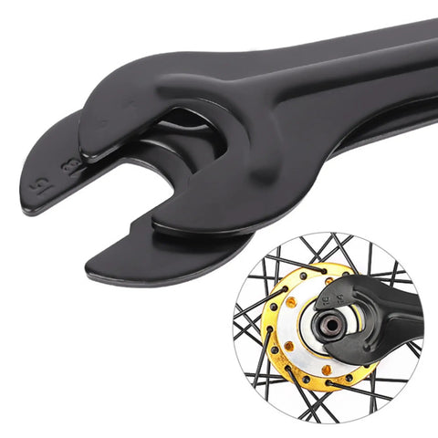 Ultra Slim Bicycle Cone Wrench Set For Tight Hub Access with narrow jaws, shown adjusting wheel axle nut, black finish.