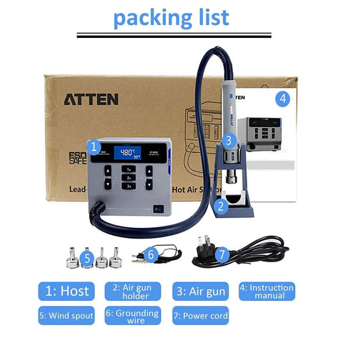 Pro Grade 1000W Hot Air Soldering Station for PCB Repair with Digital LCD Display and accessories shown in packing list