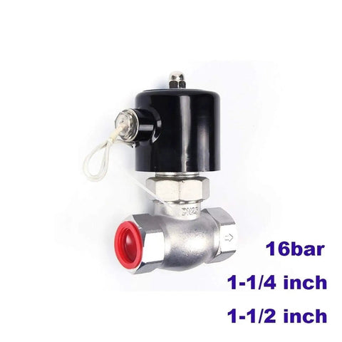 Badass 2-Way High Temp Solenoid Valve For Hot Water Air And Steam Hits 180C Stainless Steel With PTFE Seals 1 1/4 Inch And 1 1/2 Inch Normal Close Valve Suits 12 VDC Or 110 VAC Beast Mode Flow Control Zero Drama, showing valve with black coil and red seal.