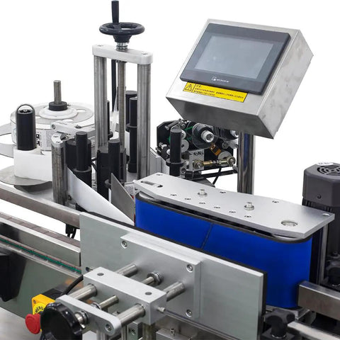 Smooth Operator Automatic Round Bottle Labeler With Date Coder And Smart Panel For Cans And Wine Packaging 110V System close-up of control panel and conveyor mechanism.