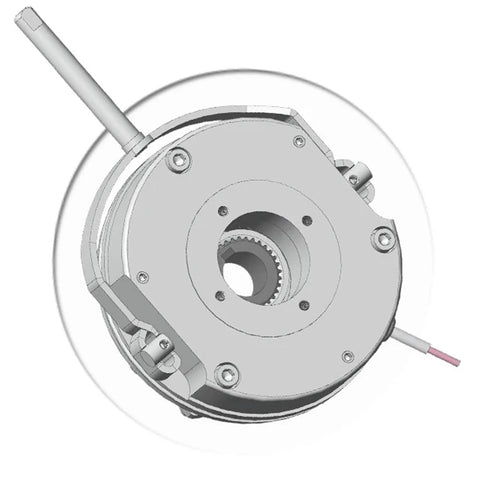 Angled view of BN08 electromagnetic brake, metal housing with shaft and electrical lead
