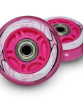 Pink LED Inline Skate Replacement Wheels Pack Of 2, 70mm, 82A Hardness, ABEC7 Bearings Included, Magnetic Lights Powered, close-up view