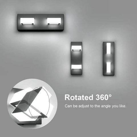 Two Lights Black Modern Bathroom Vanity Light With Acrylic LED Wall Fixture, showing rotation and angled light positions.
