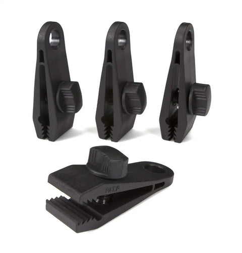 Heavy Duty Tarp Clips With Lock Grip Alligator Clamp For Tough Holding Power Multipurpose Tarp Tie Downs For Canvas Shade Cloth Tent Banner And Awnings 12 Pack, showing four black clamps with lock grips on white background.