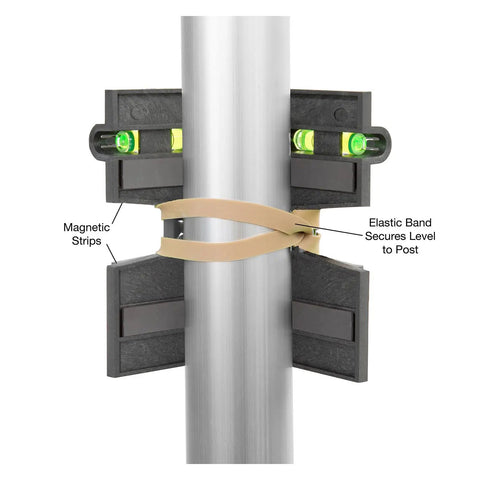 Hands Free Magnetic Post Level 5 Inch With 3 Acrylic Vials For Fence Posts Deck Rails And Plumbing Made In USA Polymer Construction Magnetic Strips Elastic Strap Ultra Accurate Leveler Tool For Flag Poles And Structures Requiring Precise Leveling attached to metal post