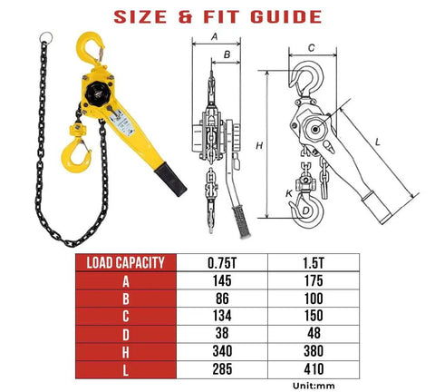 Viking Manual Lever Chain Hoist Three Quarter Ton 1650 Lbs Lift Capacity 20 Feet Two Pack With Heavy Duty Hooks and size guide